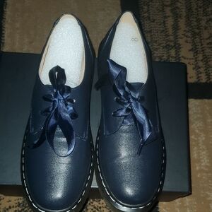 Women's Navy Satin Ribbon Lace-Up Flats